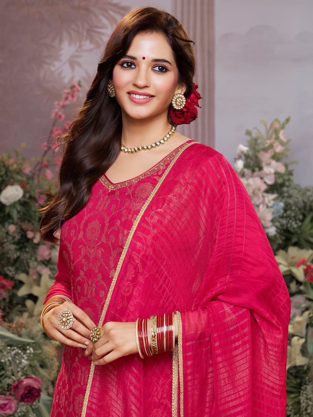 Red Chinon Kurta Set with Jacquard and Zari Work, Paired with an Organza Dupatta