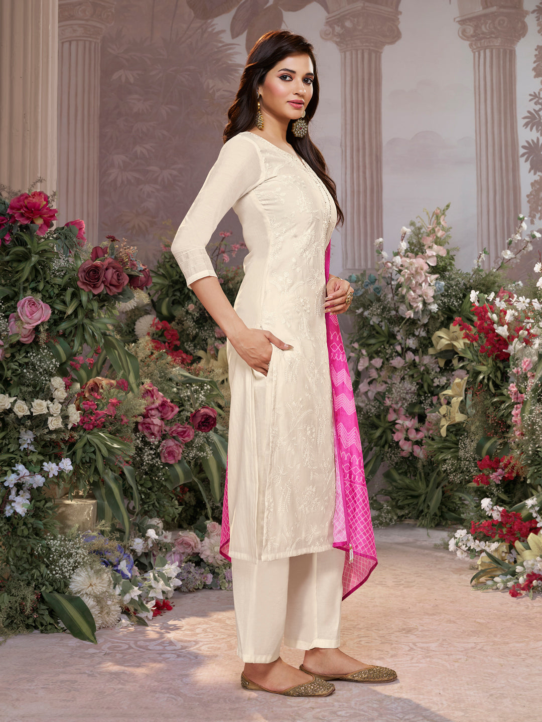 Off-White Viscose Thread Work Kurta Suit Set Paired with Digital Printed Pink Contrast Dupatta