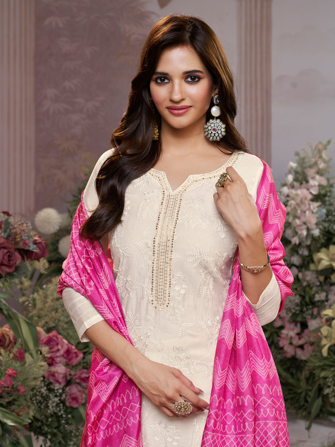 Off-White Viscose Thread Work Kurta Suit Set Paired with Digital Printed Pink Contrast Dupatta
