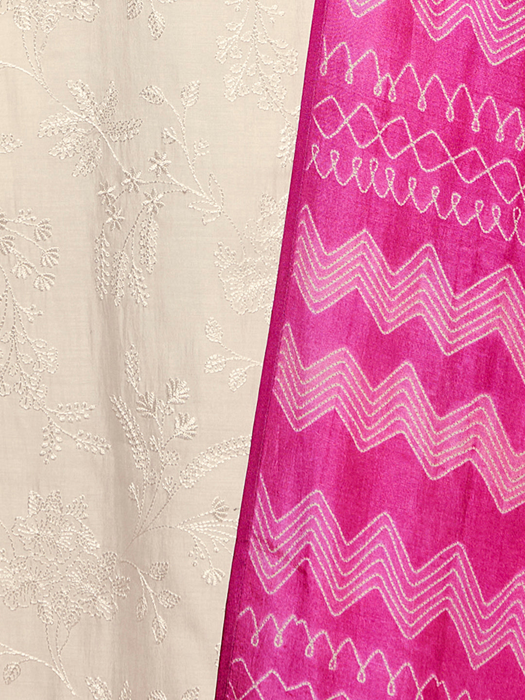 Off-White Viscose Thread Work Kurta Suit Set Paired with Digital Printed Pink Contrast Dupatta
