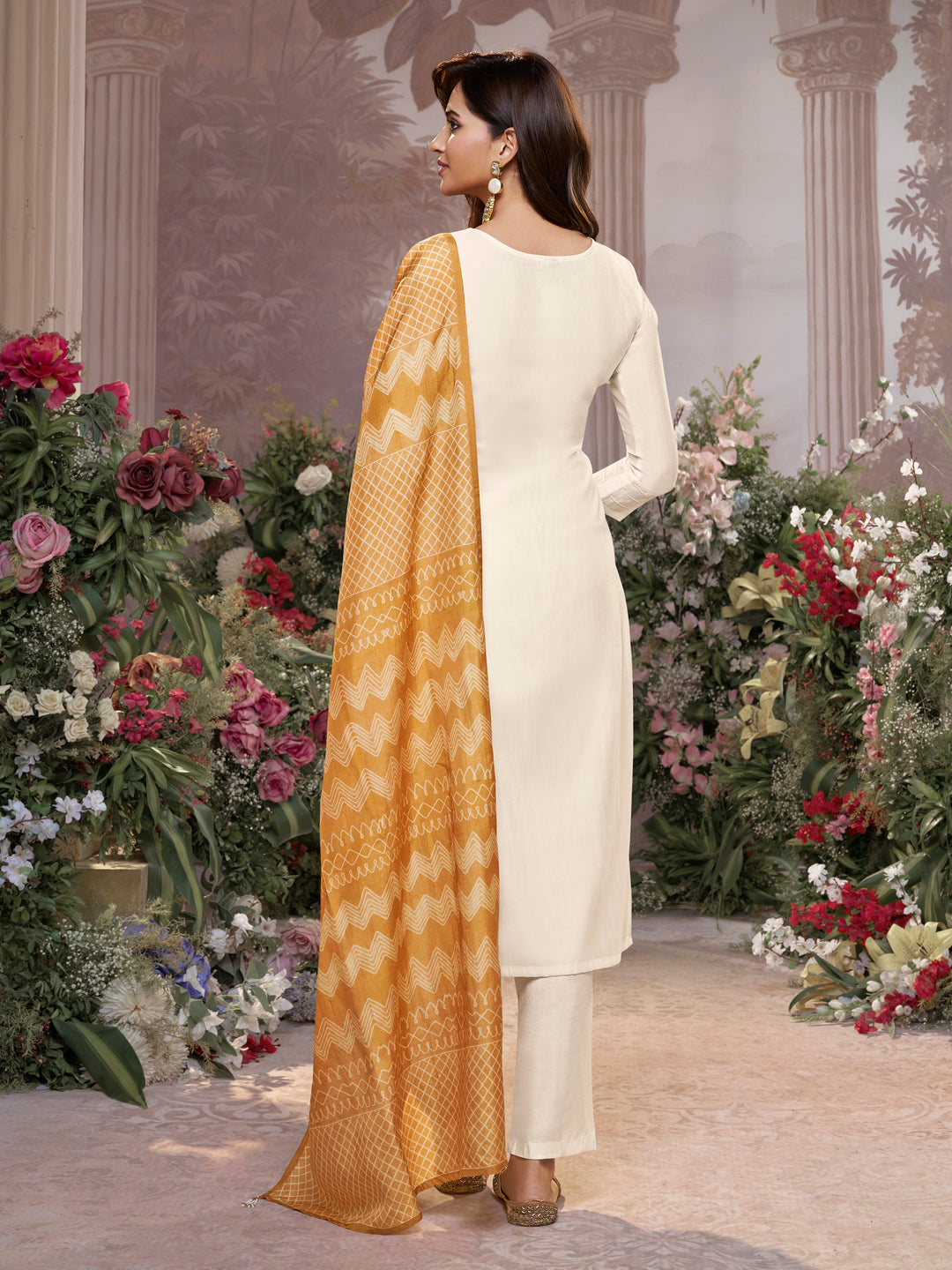 Off-White Viscose Thread Work Kurta Suit Set Paired with Digital Printed Yellow Contrast Dupatta