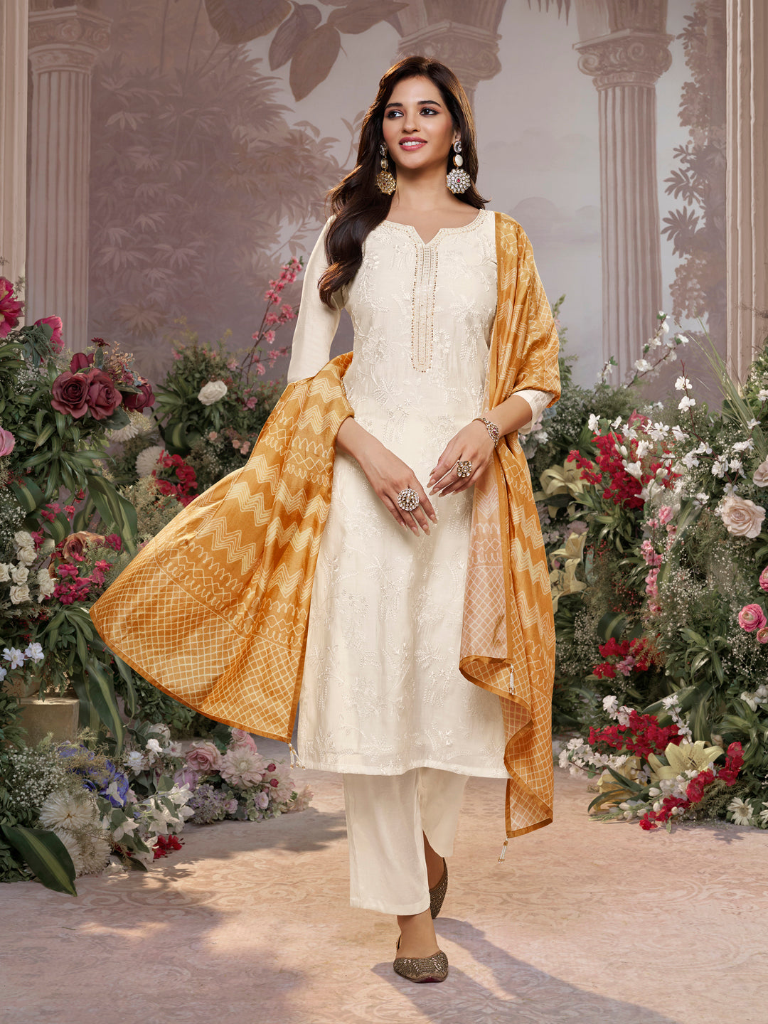 Off-White Viscose Thread Work Kurta Suit Set Paired with Digital Printed Yellow Contrast Dupatta