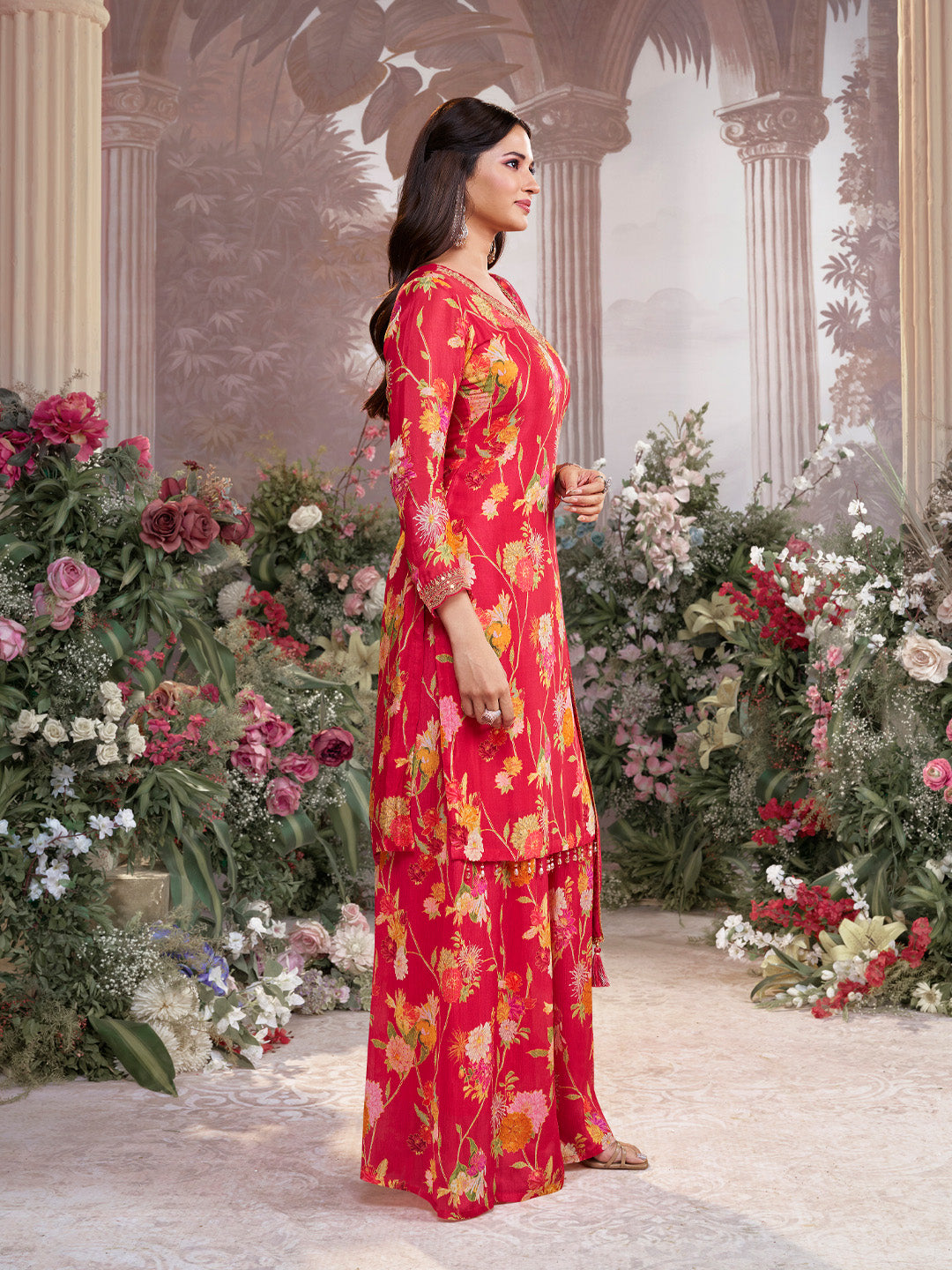 Red Chinon Sharara Suit Set with Floral Print and Embroidery Work - qivii