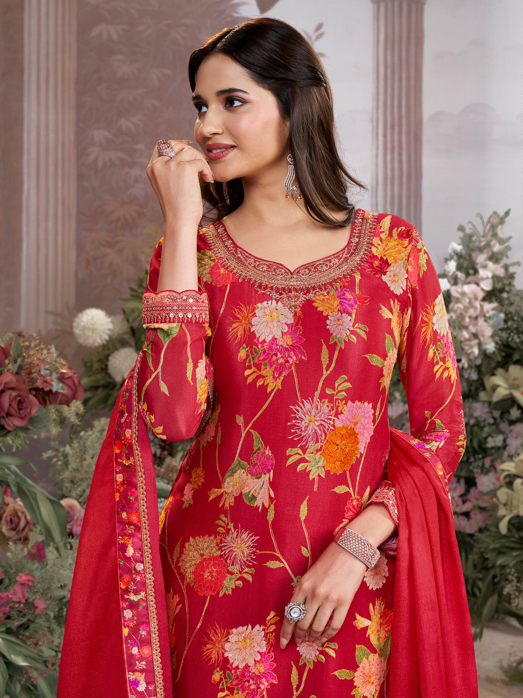 Red Chinon Sharara Suit Set with Floral Print and Embroidery Work - qivii