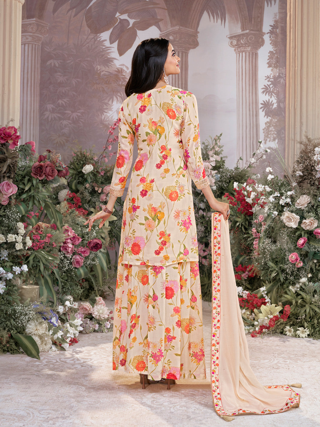 Off-White Chinon Sharara Suit Set with Floral Print and Embroidery Work
