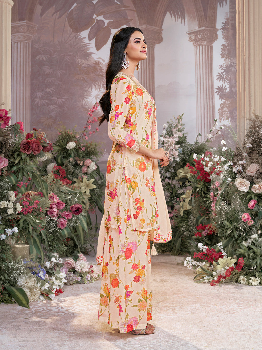 Off-White Chinon Sharara Suit Set with Floral Print and Embroidery Work - qivii