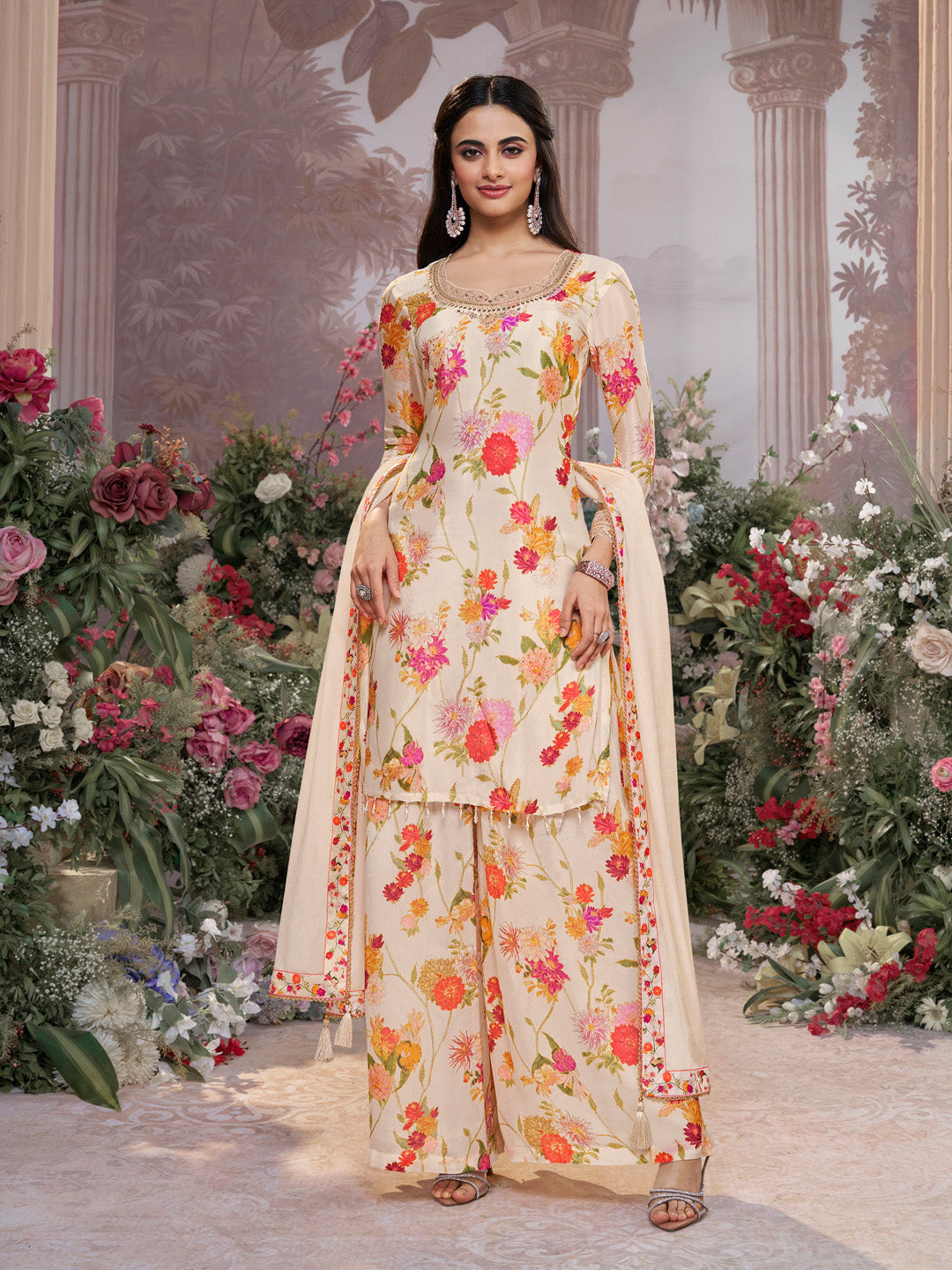 Off-White Chinon Sharara Suit Set with Floral Print and Embroidery Work - qivii
