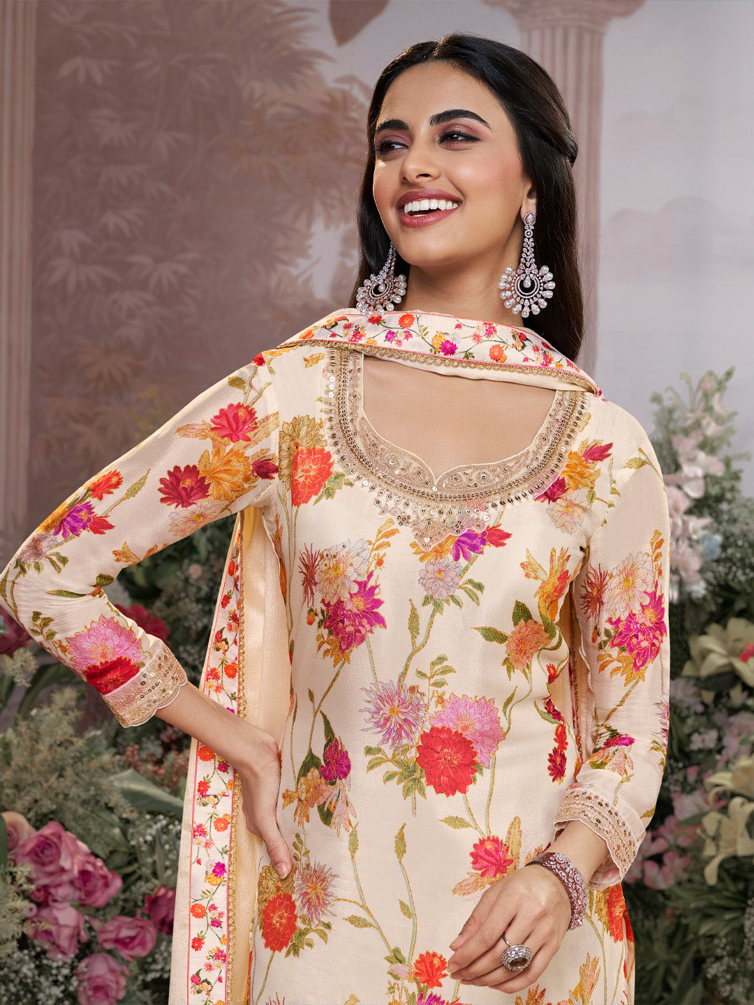 Off-White Chinon Sharara Suit Set with Floral Print and Embroidery Work