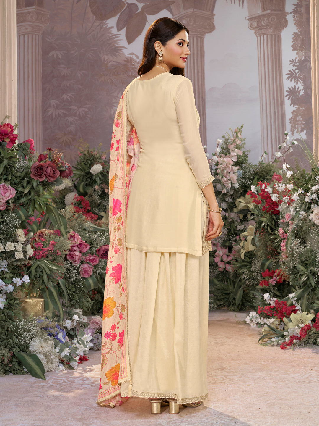 Off-White Chinon Sharara Set with Embroidered Work Paired with Digital Printed Dola Silk Dupatta