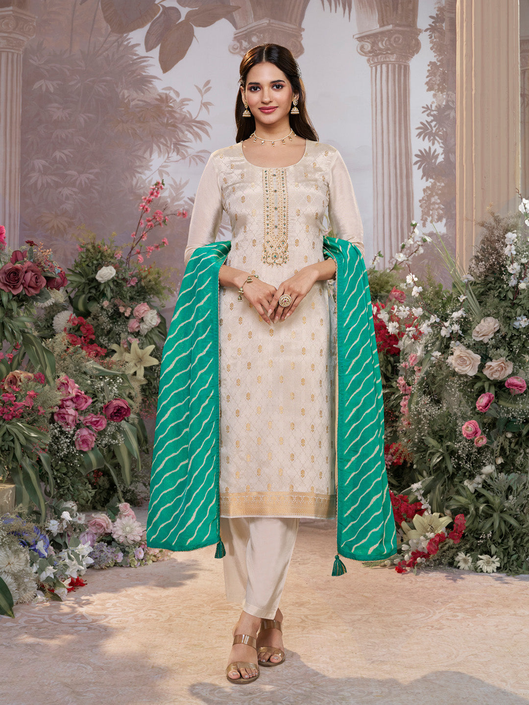 Cream Tissue Jacquard Kurta Set with Teal Green Contrast Digital Print Dupatta - qivii
