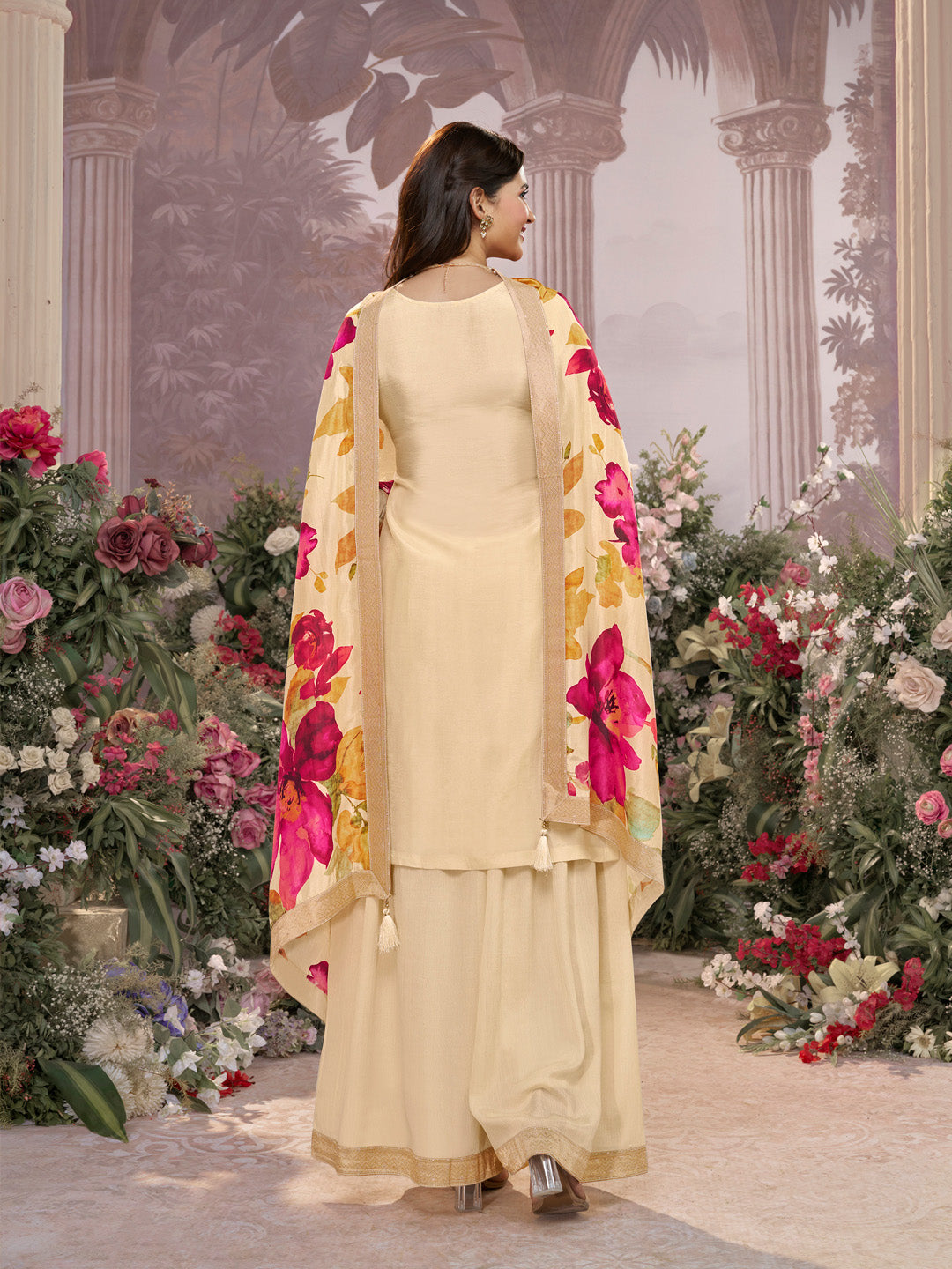 Off-White Dola Silk Jacquard & Embroidery Sharara Set with Digital Print Dola Silk Dupatta - qivii