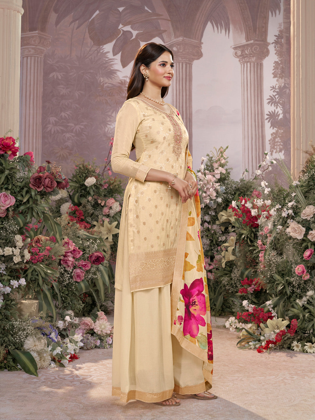 Off-White Dola Silk Jacquard & Embroidery Sharara Set with Digital Print Dola Silk Dupatta - qivii