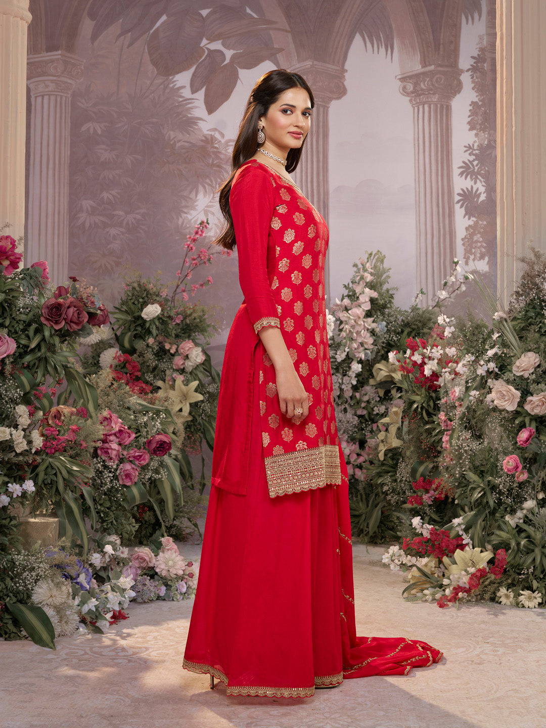 Red Dola Silk Meena Jacquard Kurta Set Paired With Embroidered Sharara Suit Set - qivii