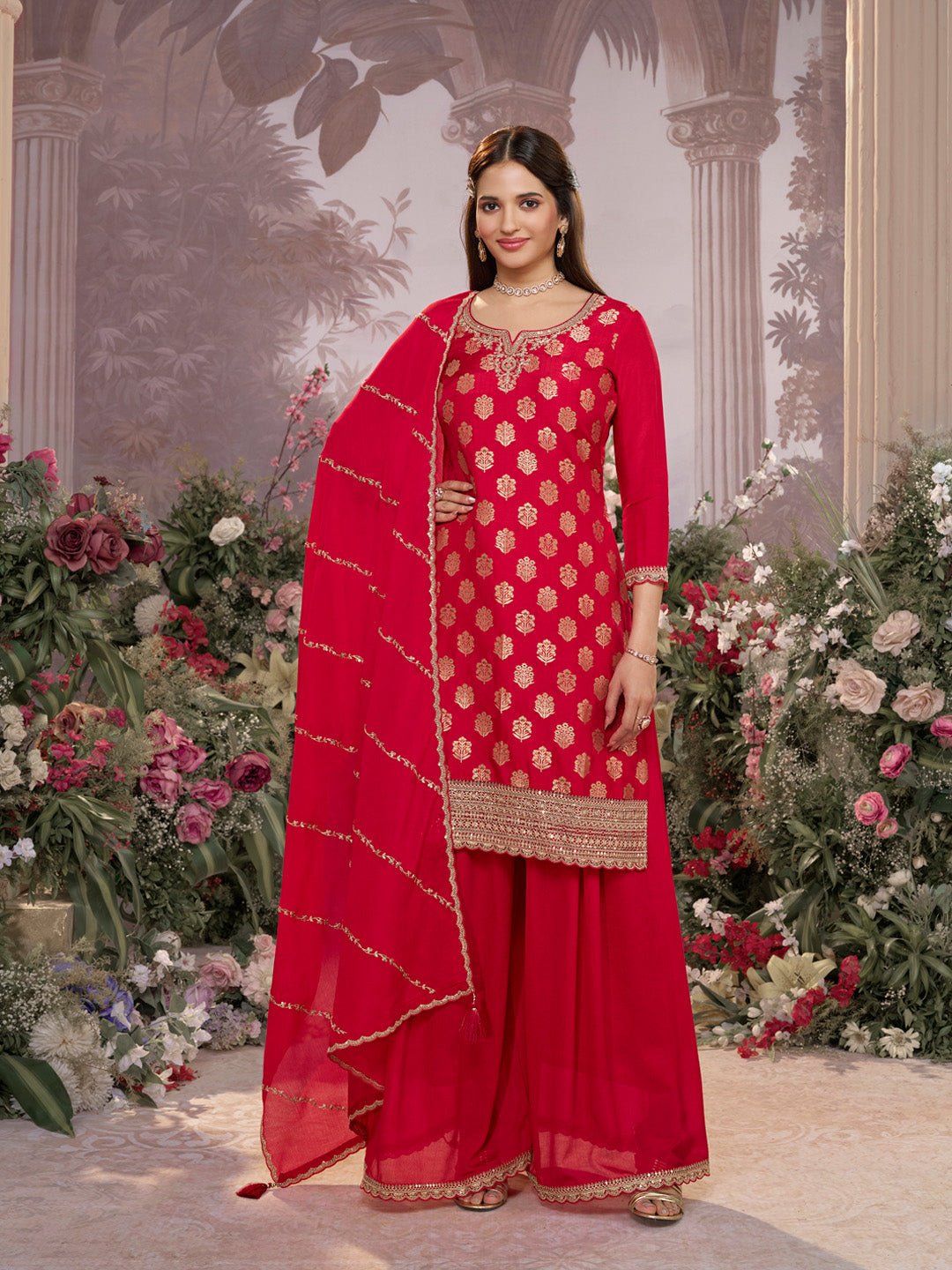 Red Dola Silk Meena Jacquard Kurta Set Paired With Embroidered Sharara Suit Set - qivii