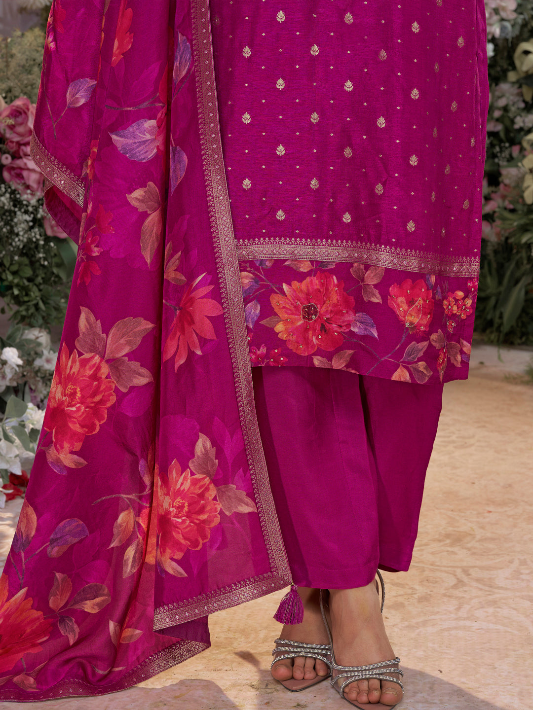 Purple Dola Silk Kurta Set with Jacquard Work, Paired with a Dola Silk Digital Printed Dupatta