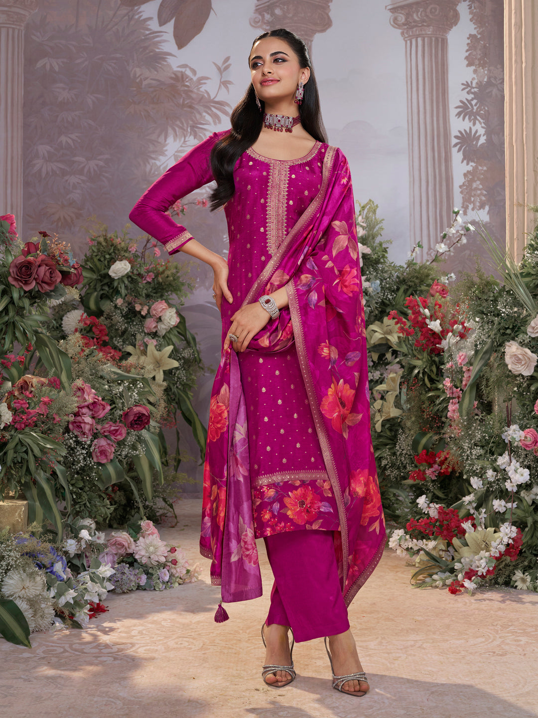 Purple Dola Silk Kurta Set with Jacquard Work, Paired with a Dola Silk Digital Printed Dupatta