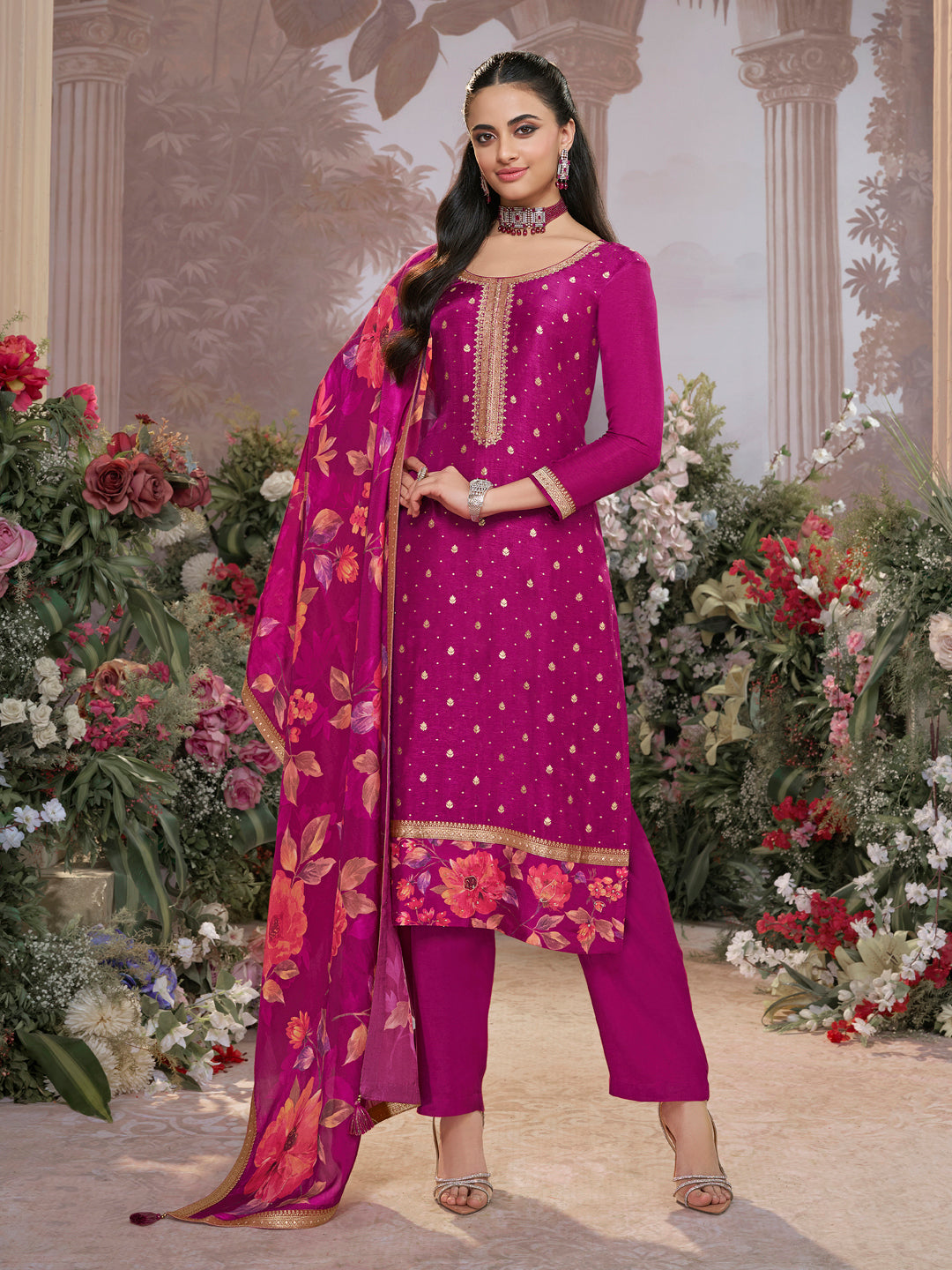 Purple Dola Silk Kurta Set with Jacquard Work, Paired with a Dola Silk Digital Printed Dupatta