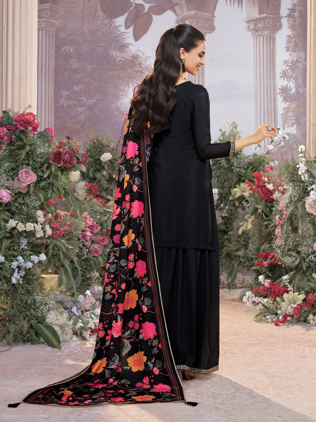 Black Chinon Sharara Set with Embroidered Work Paired with Digital Printed Dola Silk Dupatta