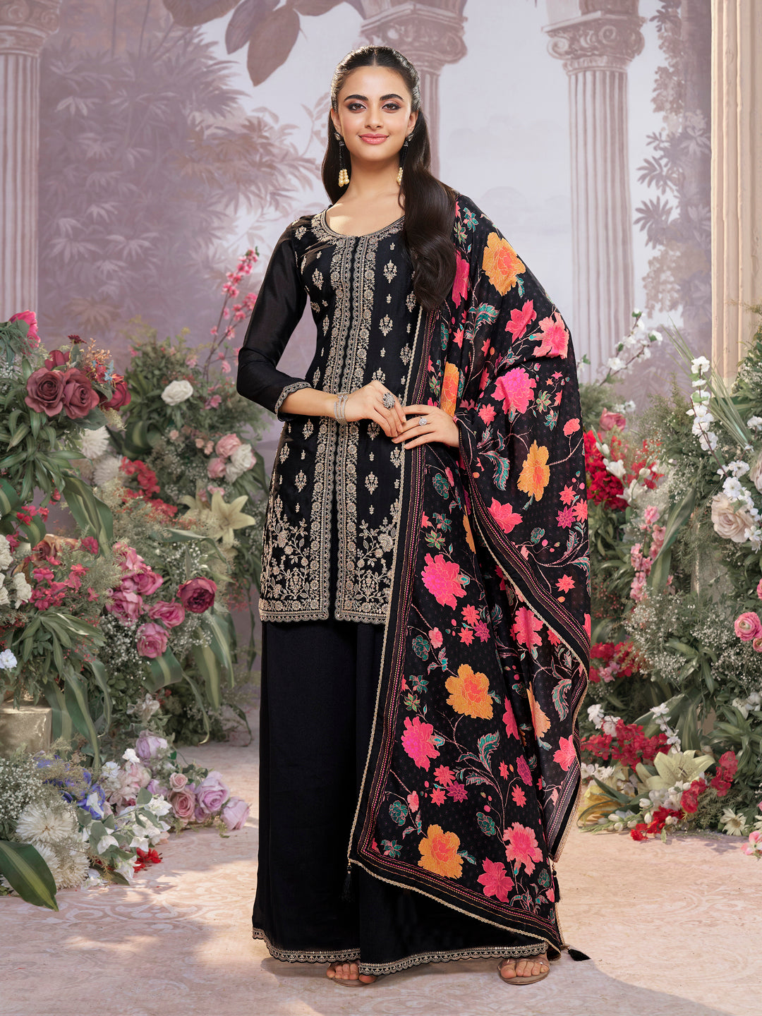 Black Chinon Sharara Set with Embroidered Work Paired with Digital Printed Dola Silk Dupatta