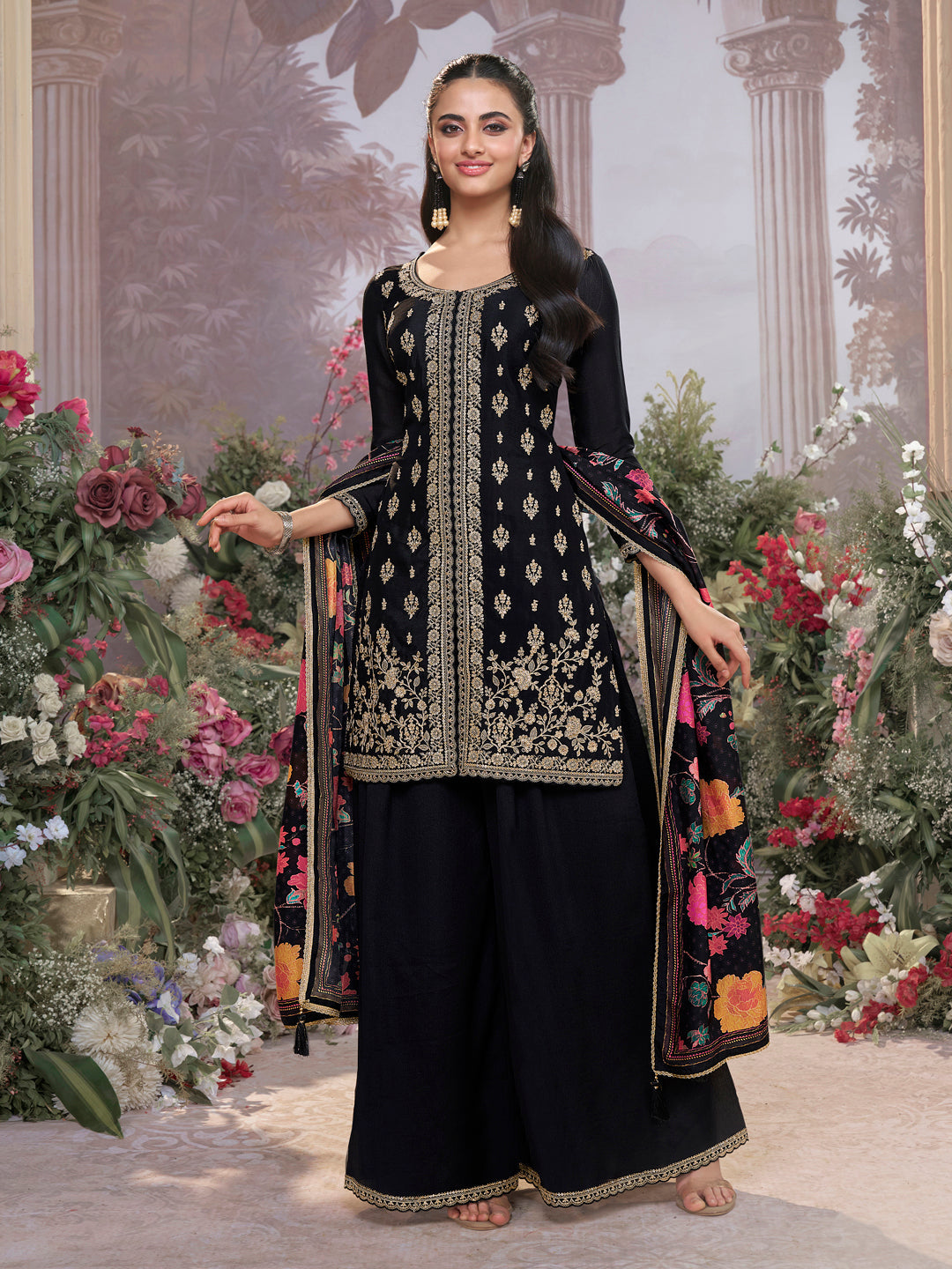 Black Chinon Sharara Set with Embroidered Work Paired with Digital Printed Dola Silk Dupatta