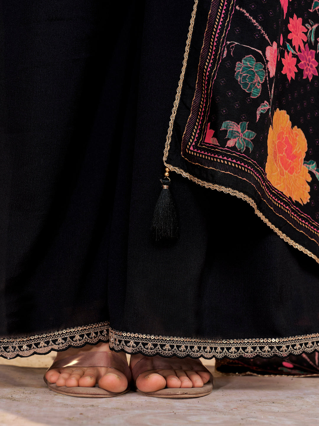Black Chinon Sharara Set with Embroidered Work Paired with Digital Printed Dola Silk Dupatta