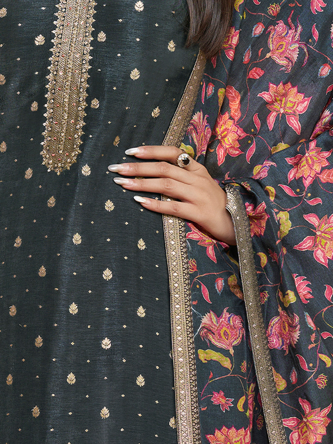 Dark Charcoal Dola Silk Kurta Set with Jacquard Work, Paired with a Dola Silk Digital Printed Dupatta