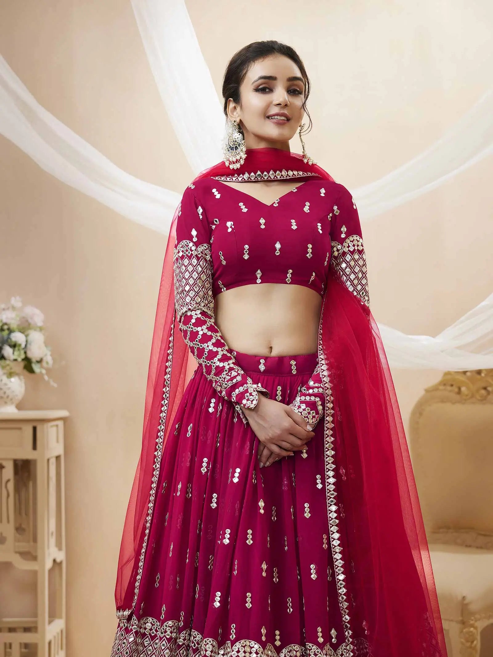 Hot Pink georgette Lehenga With Sequence And Zari Embroidery Work With Dupatta | Ready To Wear - qivii