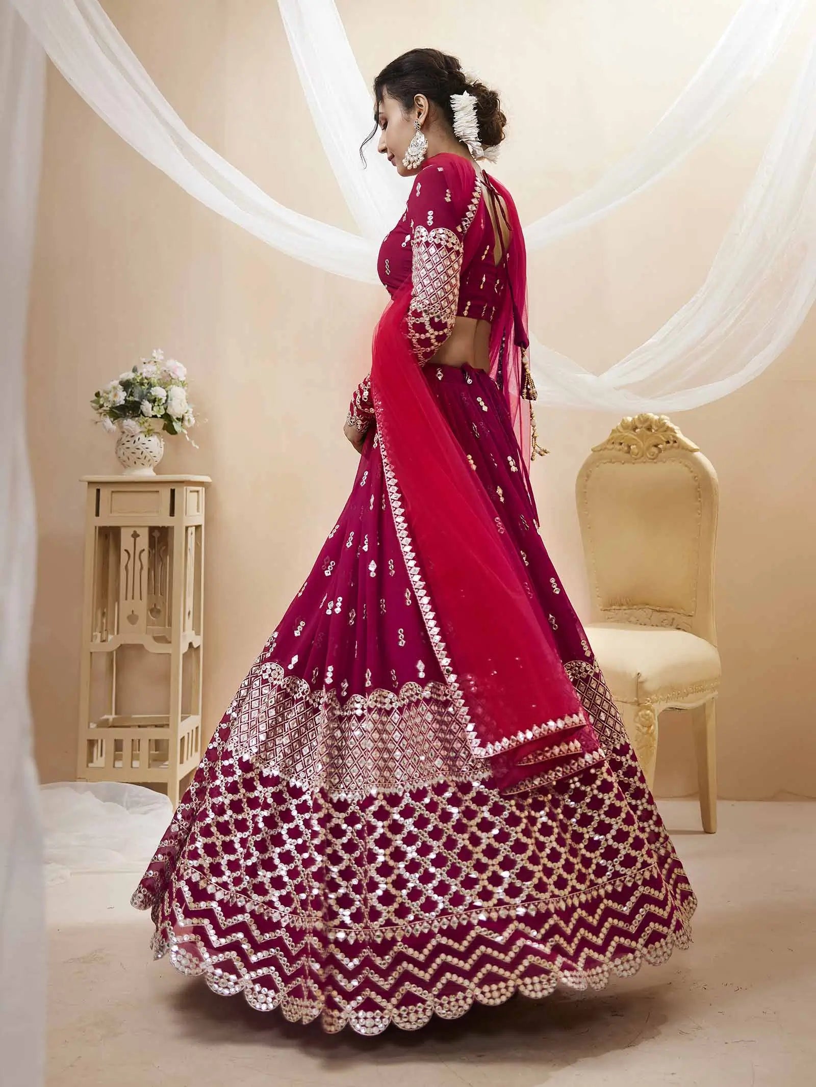 Hot Pink georgette Lehenga With Sequence And Zari Embroidery Work With Dupatta | Ready To Wear - qivii