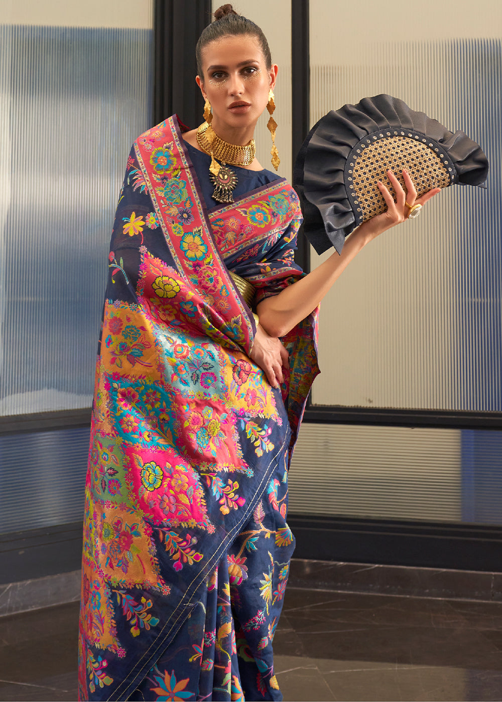 Indigo Blue Jamawar Woven Cotton Silk Saree - qivii