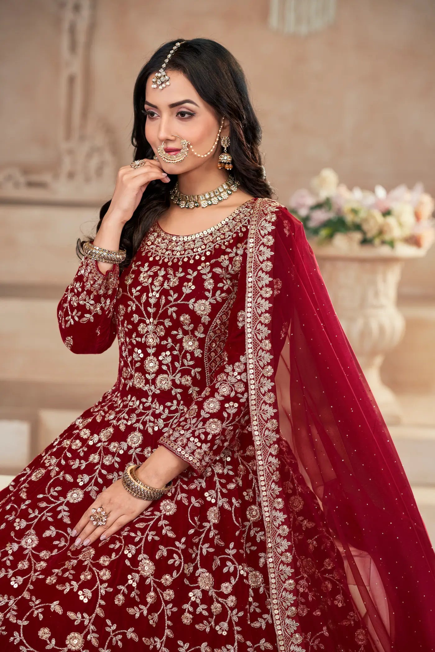 Red Velvet Thread & Sequence Embroidery Work Gown - qivii