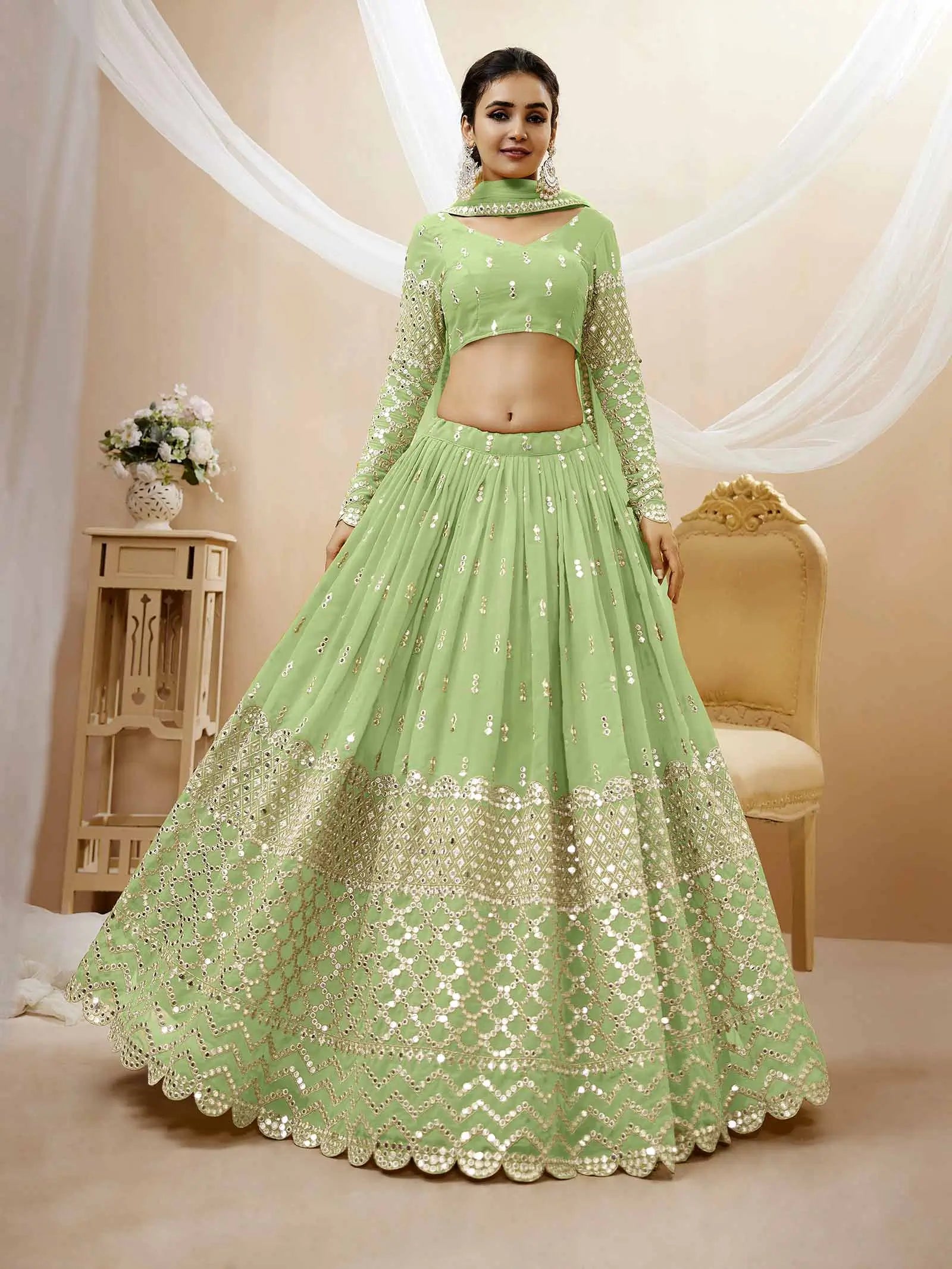 Pista Georgette Lehenga With Sequence Embroidery Work With Soft Net Dupatta | Ready To Wear - qivii