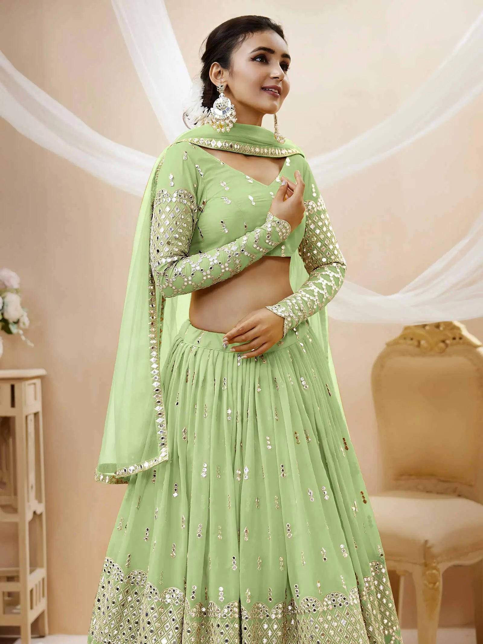 Pista Georgette Lehenga With Sequence Embroidery Work With Soft Net Dupatta | Ready To Wear - qivii