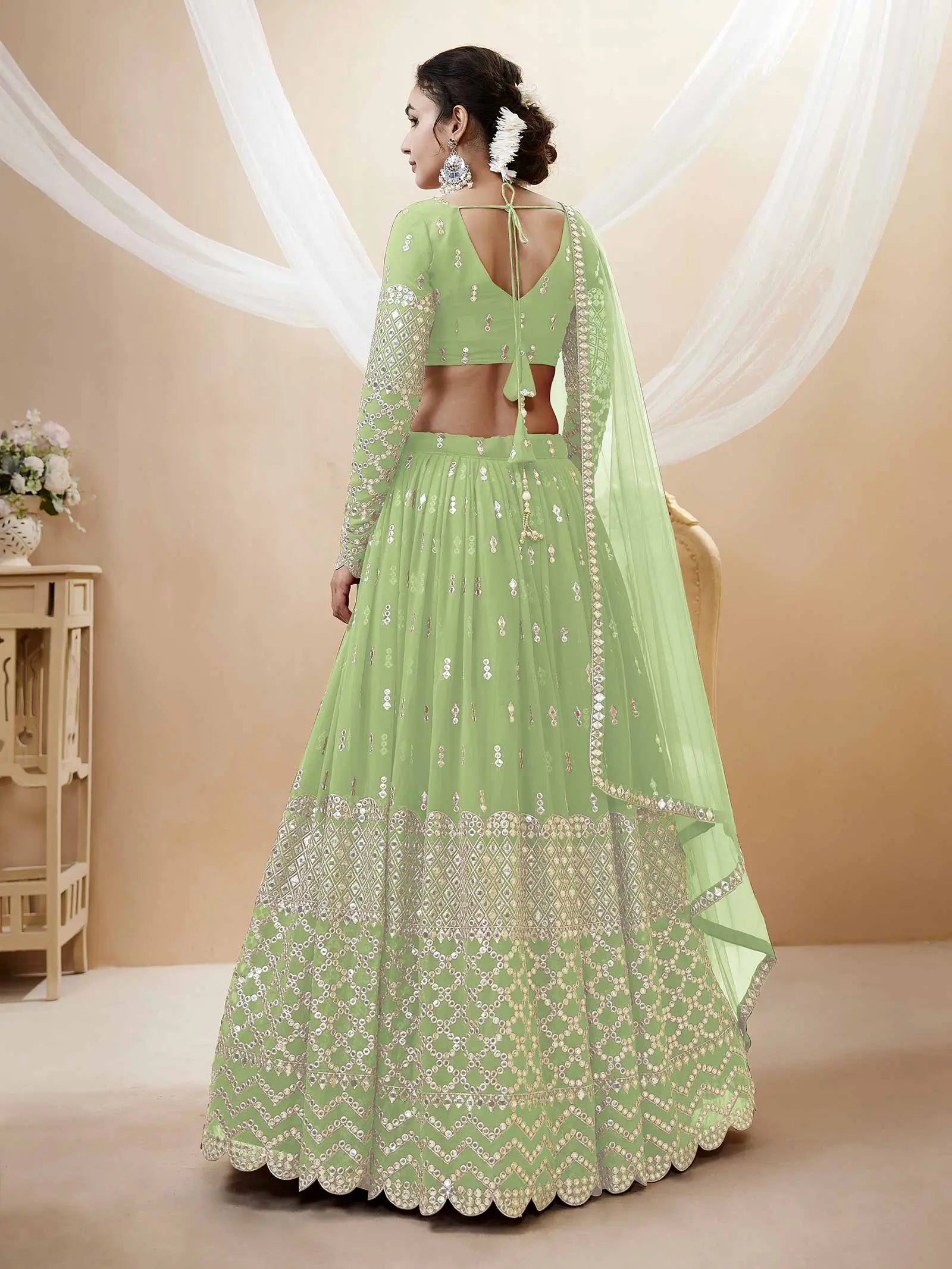 Pista Georgette Lehenga With Sequence Embroidery Work With Soft Net Dupatta | Ready To Wear - qivii