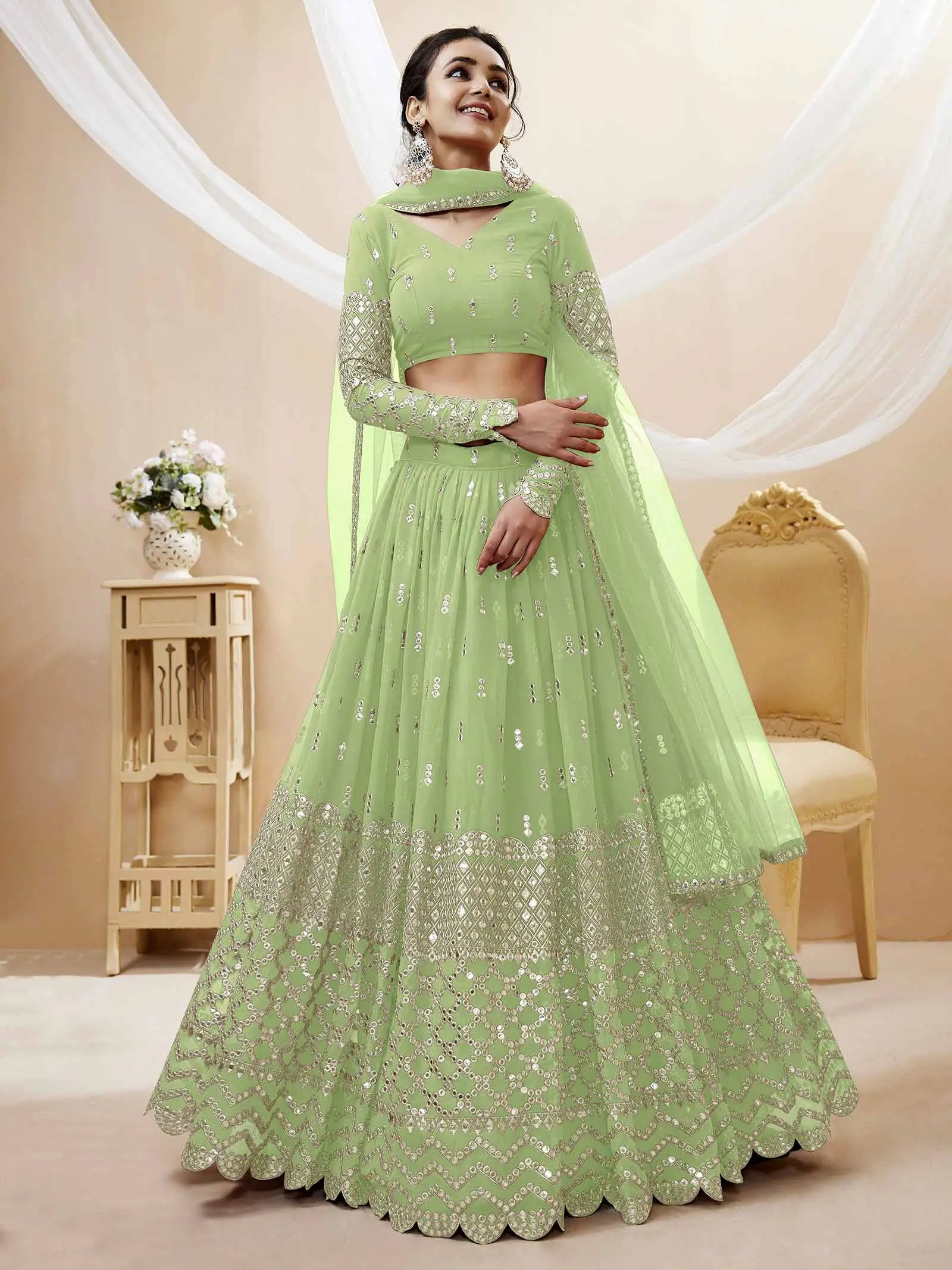 Pista Georgette Lehenga With Sequence Embroidery Work With Soft Net Dupatta | Ready To Wear - qivii