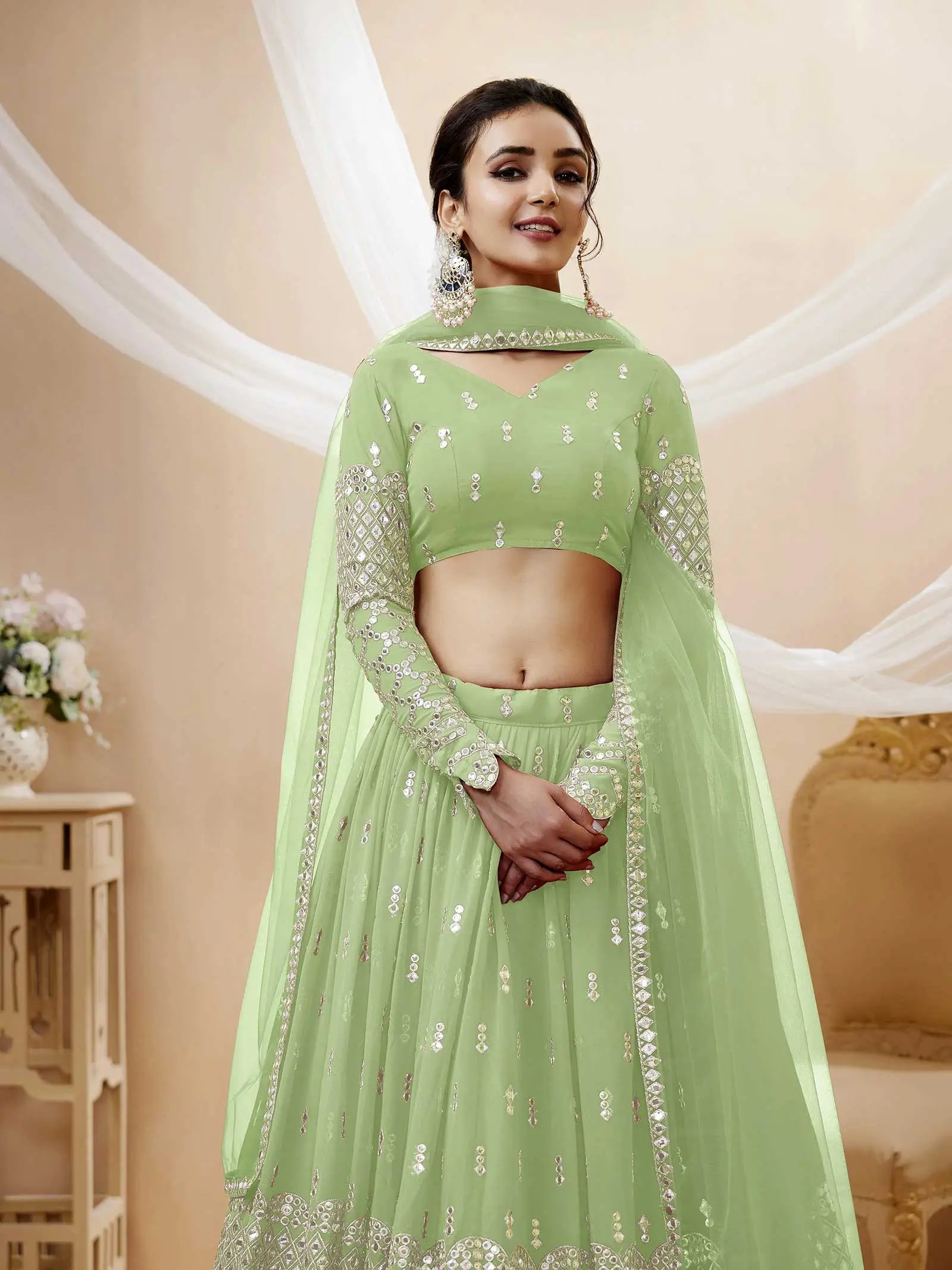 Pista Georgette Lehenga With Sequence Embroidery Work With Soft Net Dupatta | Ready To Wear - qivii