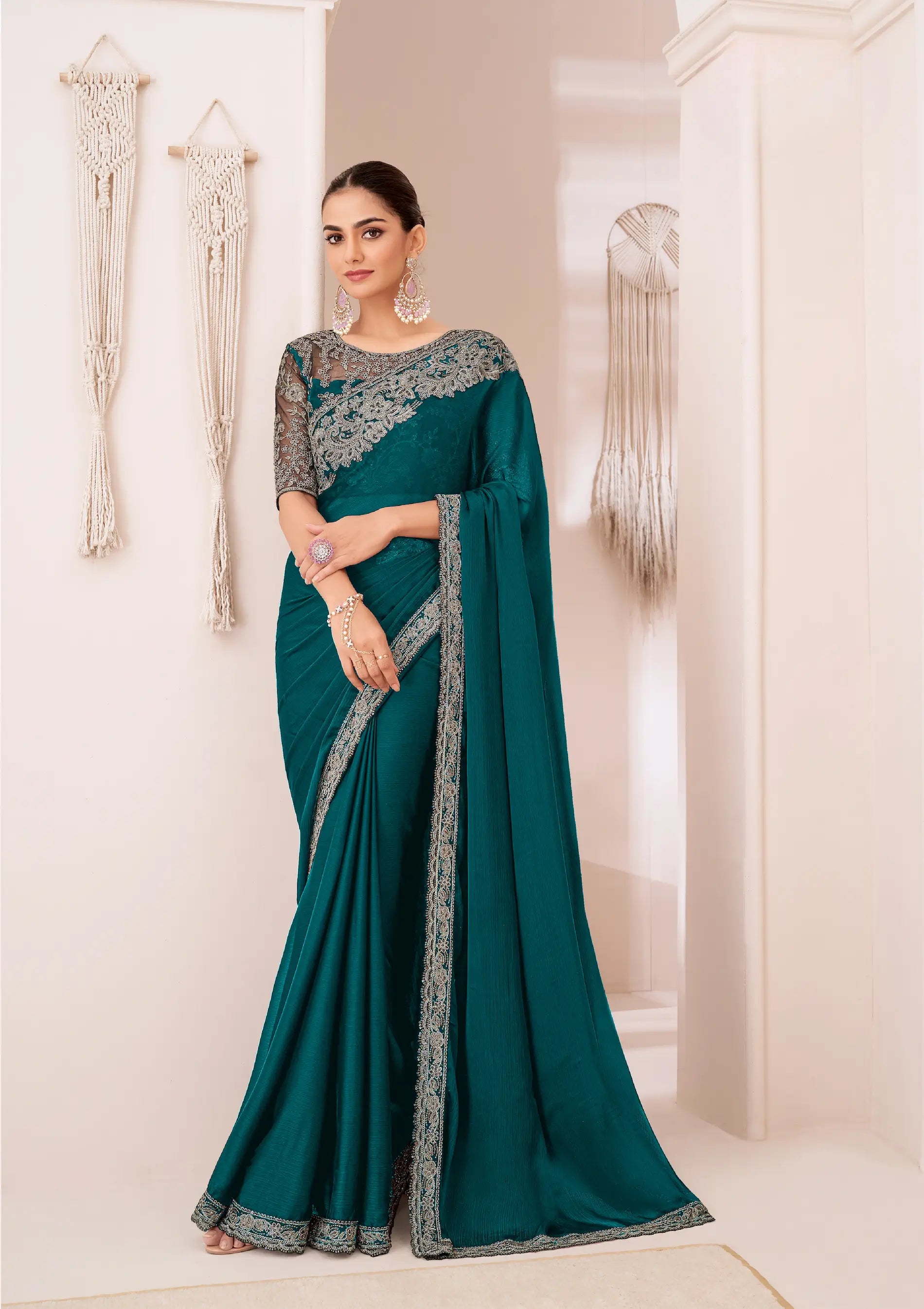 Teal Green Georgette Chiffon Party Wear Saree With Sequence & Thread Embroidery Work - qivii