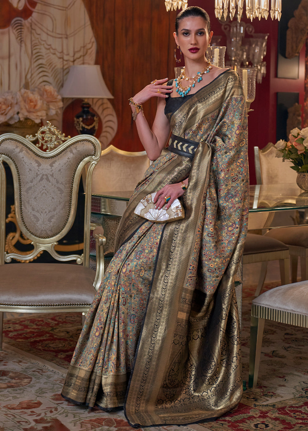 Golden Black Kashmiri Jamawar Woven Silk Saree - qivii