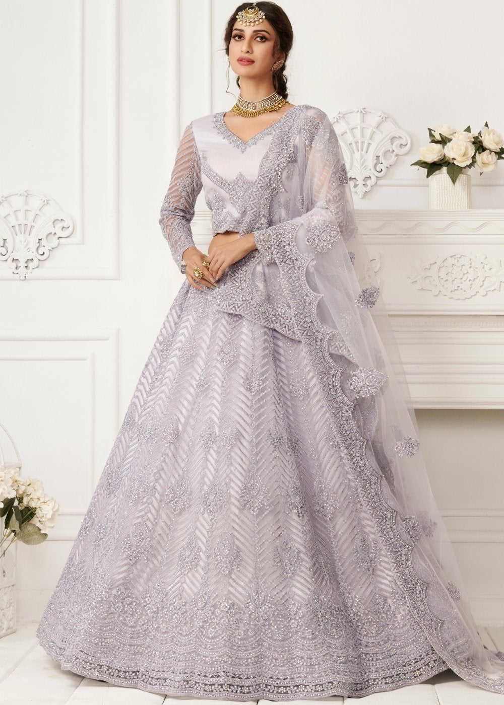 Thistle Purple Soft Net Lehenga Choli with Cording Embroidery & Stonework | Ready To Wear - qivii