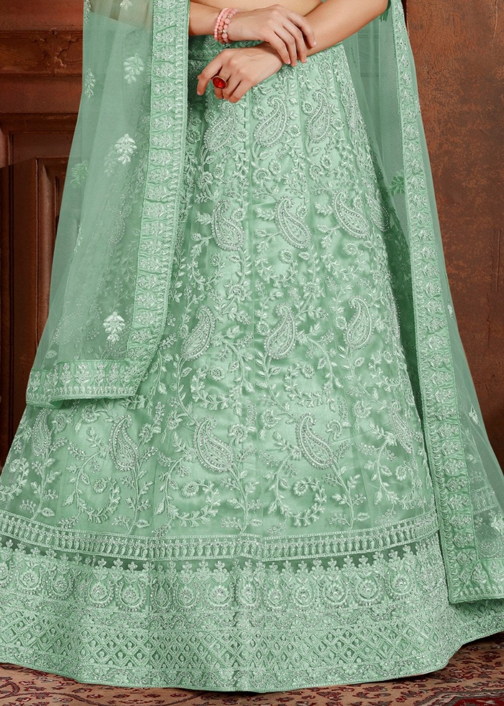 Pista Green Soft Net Lehenga Choli with Thread, Zarkan & Pearl work | Ready To Wear - qivii