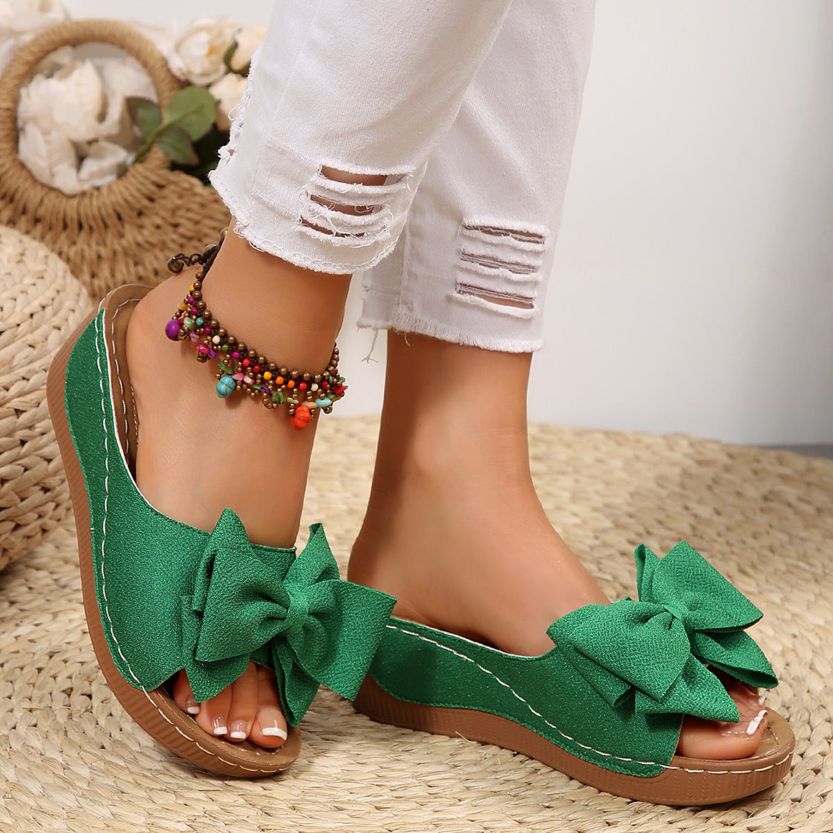Women’s Liora Bow Flower Platform Wedge Slide Sandals – Peep-Toe Wide Strap Summer Slides (US 5–10.5)