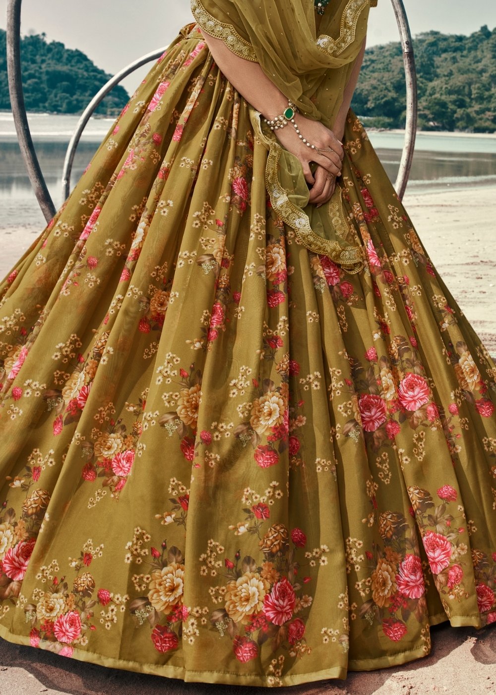 Avocado Green Designer Printed Organza Lehenga with Soft Net Dupatta | Ready To Wear - qivii