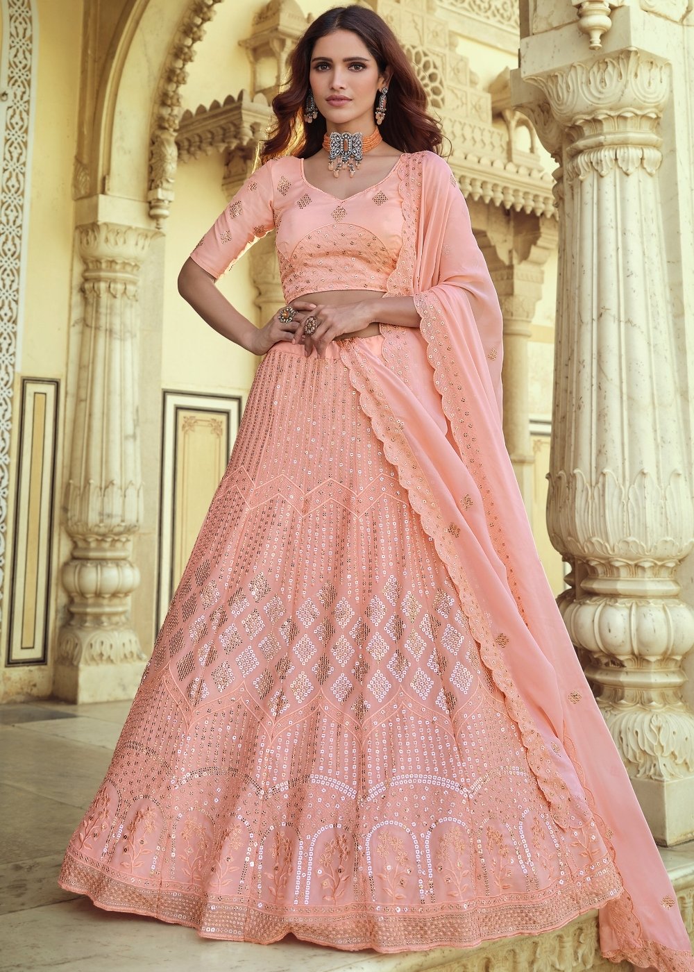 Rose Pink Georgette Lehenga Choli with Sequins & Thread work | Ready To Wear - qivii