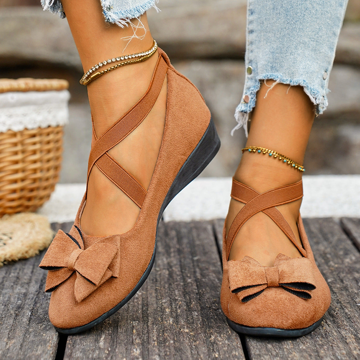 Women’s Elara Bow Suede Wedge Loafers – Elastic Cross-Strap Comfort Slip-Ons (US 5–10.5)