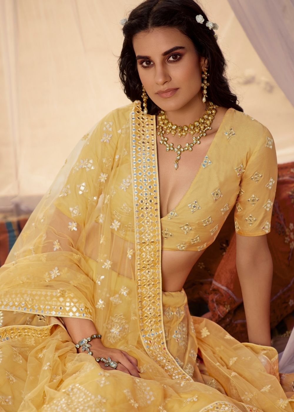 Canary Yellow Organza Lehenga Choli with Thread, Foli and Mirror work (Pre-Order) | Ready To Wear - qivii