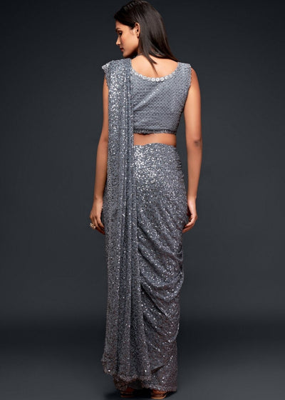 Silver Grey Sequins & Thread Embroidered Designer Georgette Saree