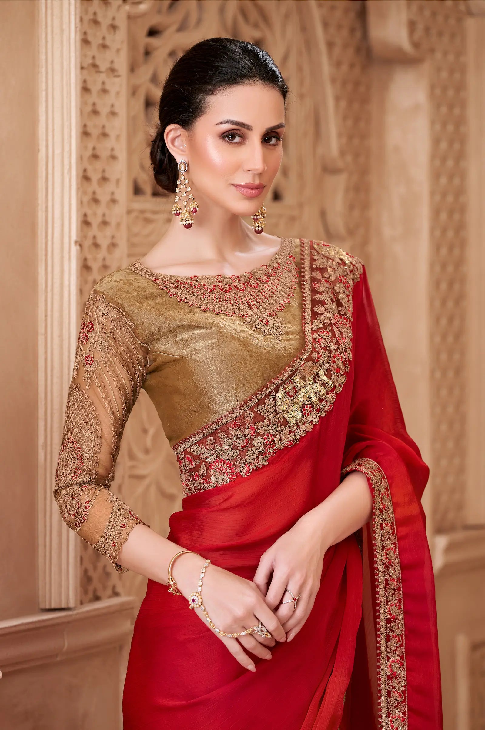 Blooming Red Satin Silk Embroidery Party Wear Saree - qivii