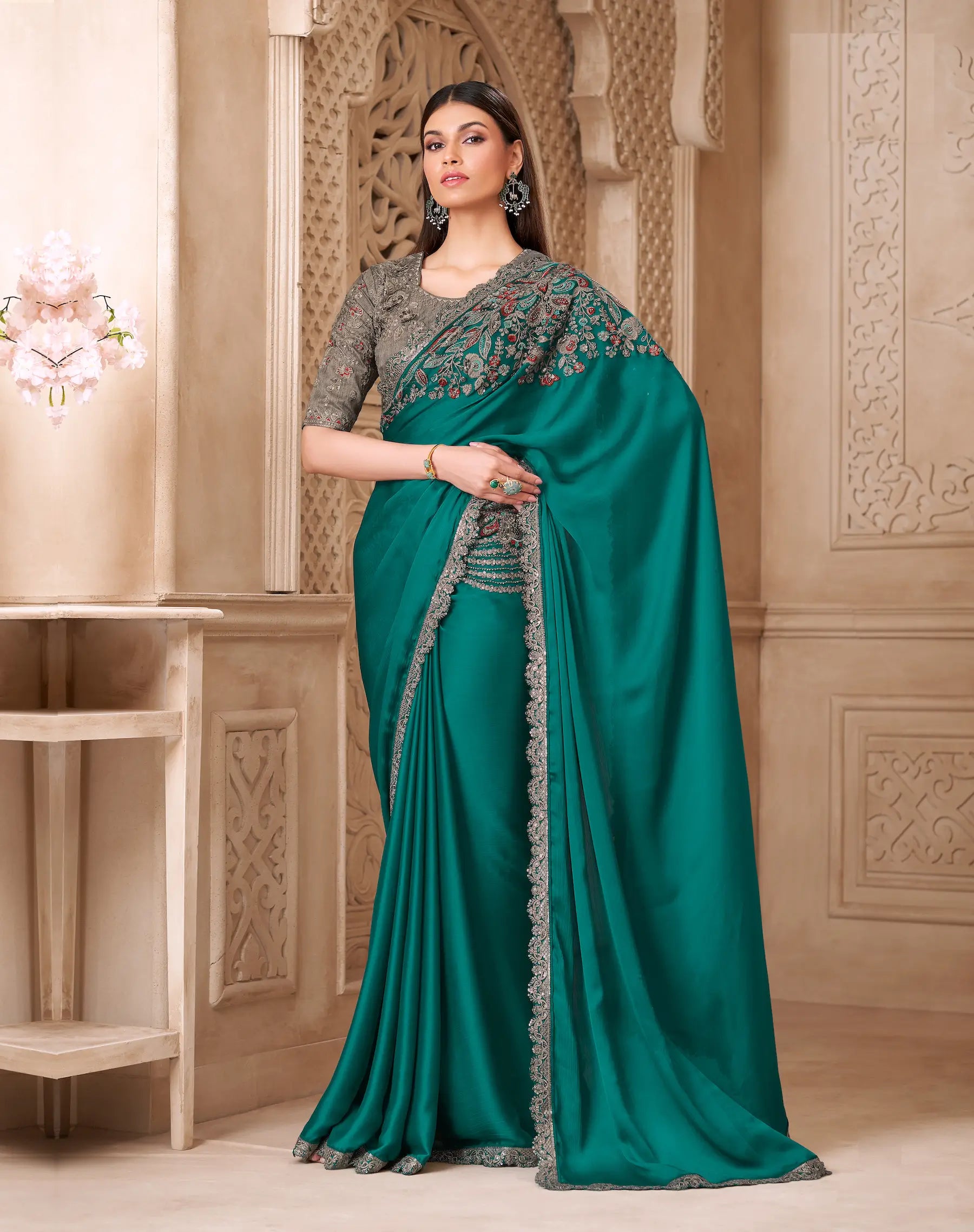 Teal Blue Satin Silk Embroidery Party Wear Saree - qivii