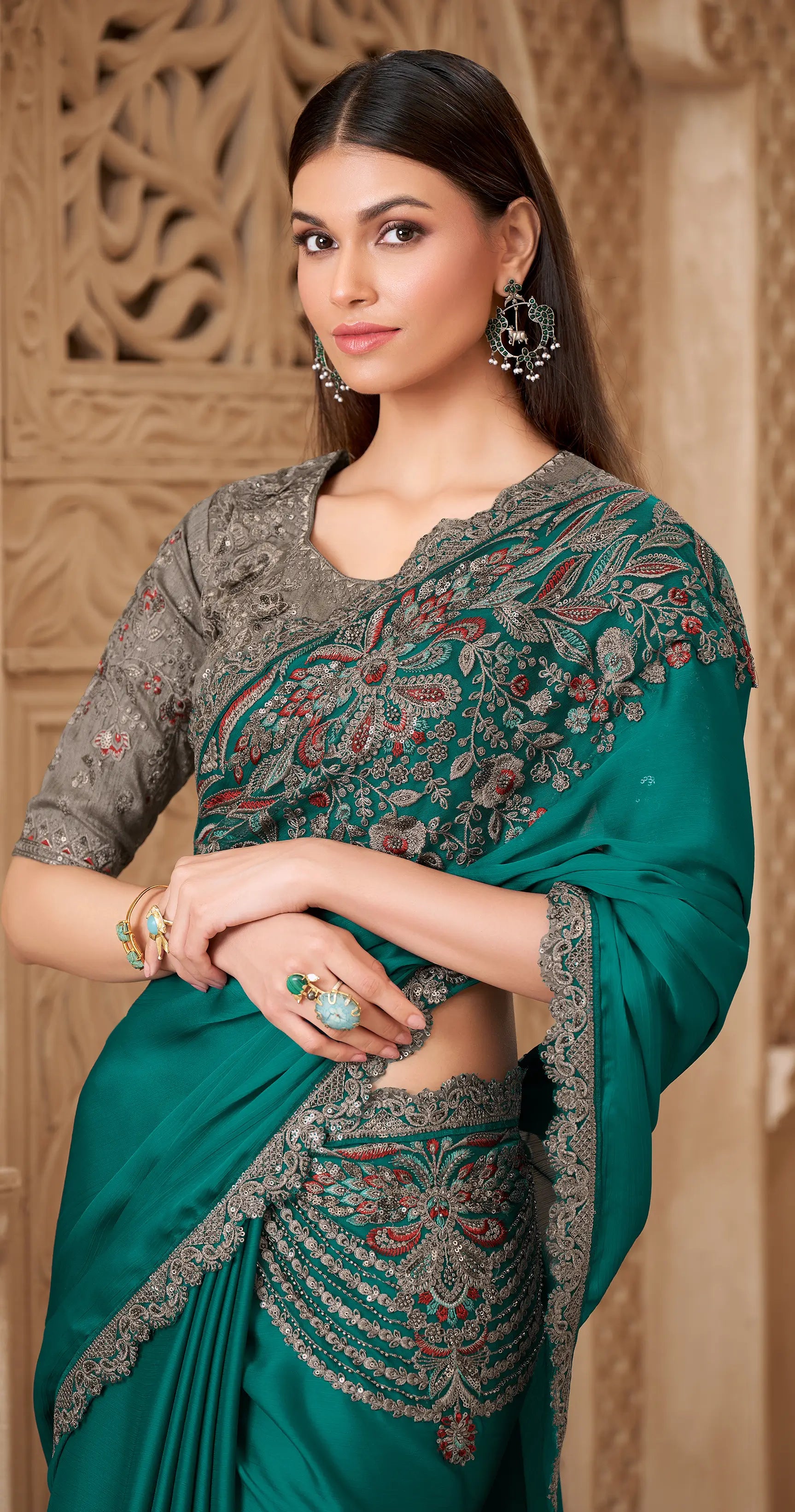 Teal Blue Satin Silk Embroidery Party Wear Saree - qivii