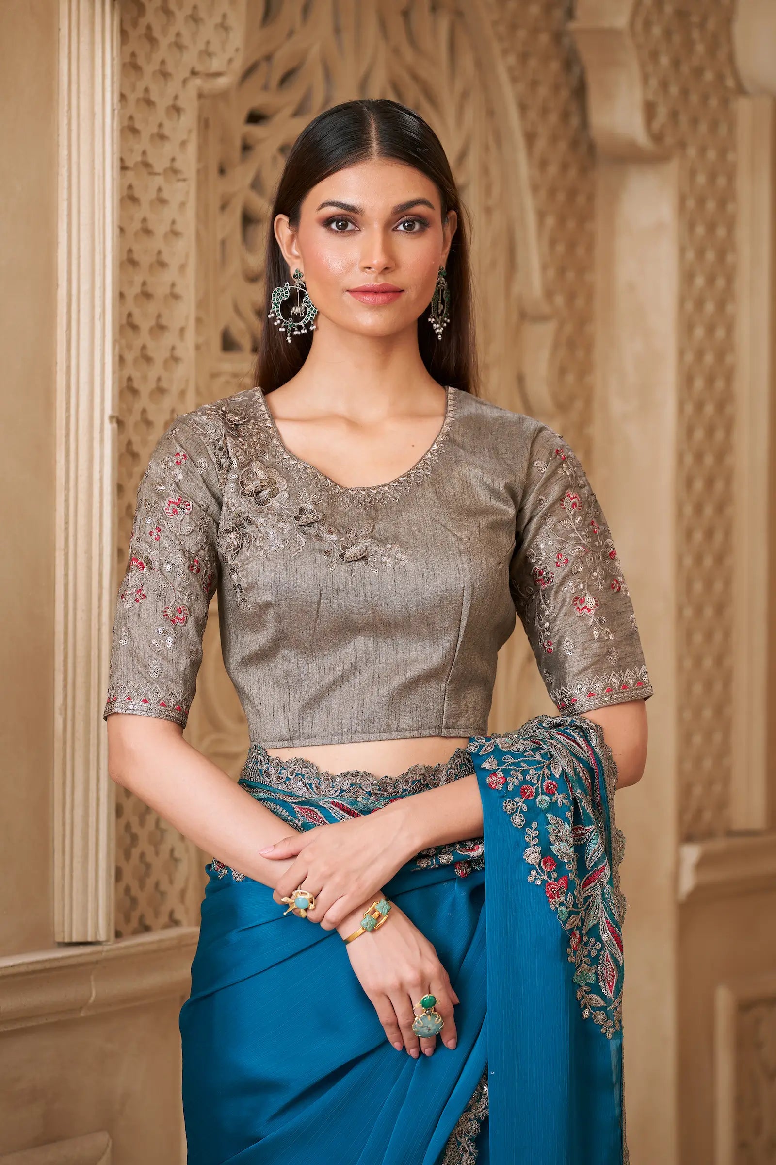 Teal Blue Satin Silk Embroidery Party Wear Saree - qivii