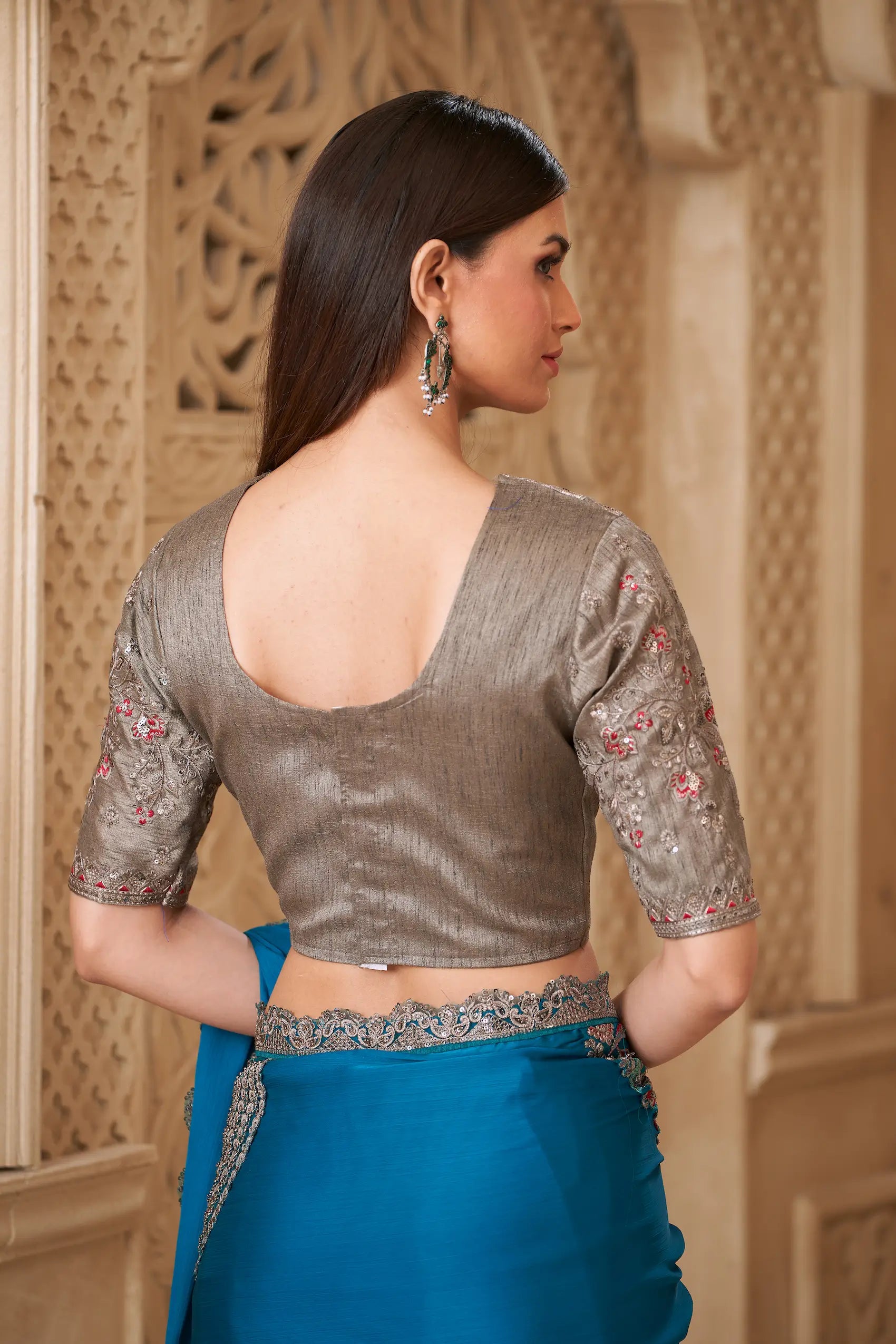 Teal Blue Satin Silk Embroidery Party Wear Saree - qivii